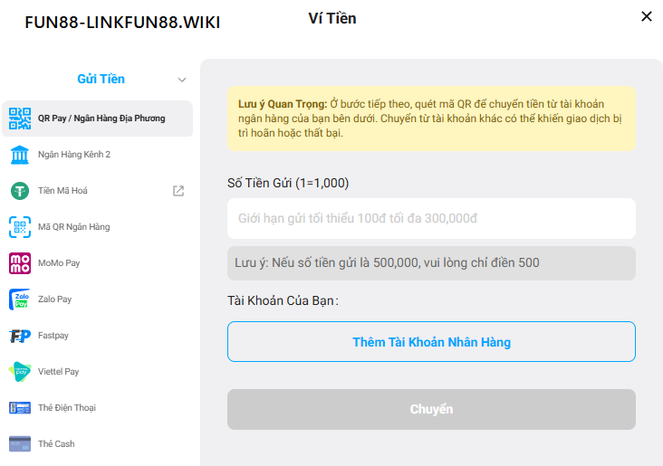 Phương thức nạp tiền fun88