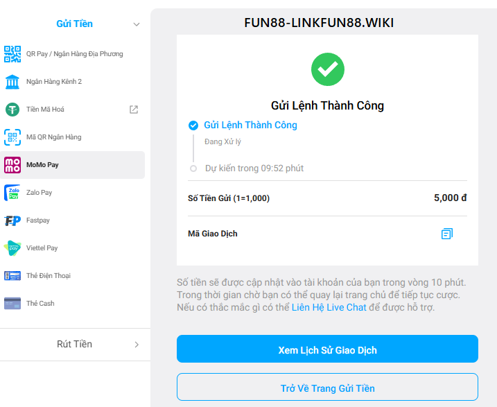 Tạo lệnh nạp tiền fun88